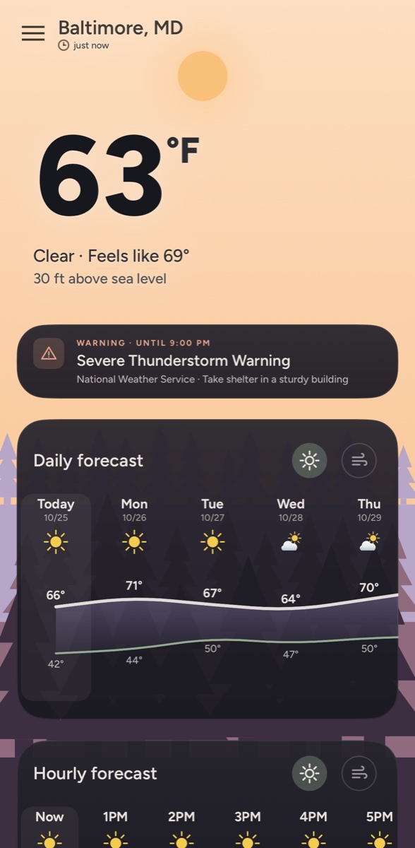 An example severe thunderstorm warning shown as a row under Baltimore's clear day sky, with the issuing office and the instruction to take shelter