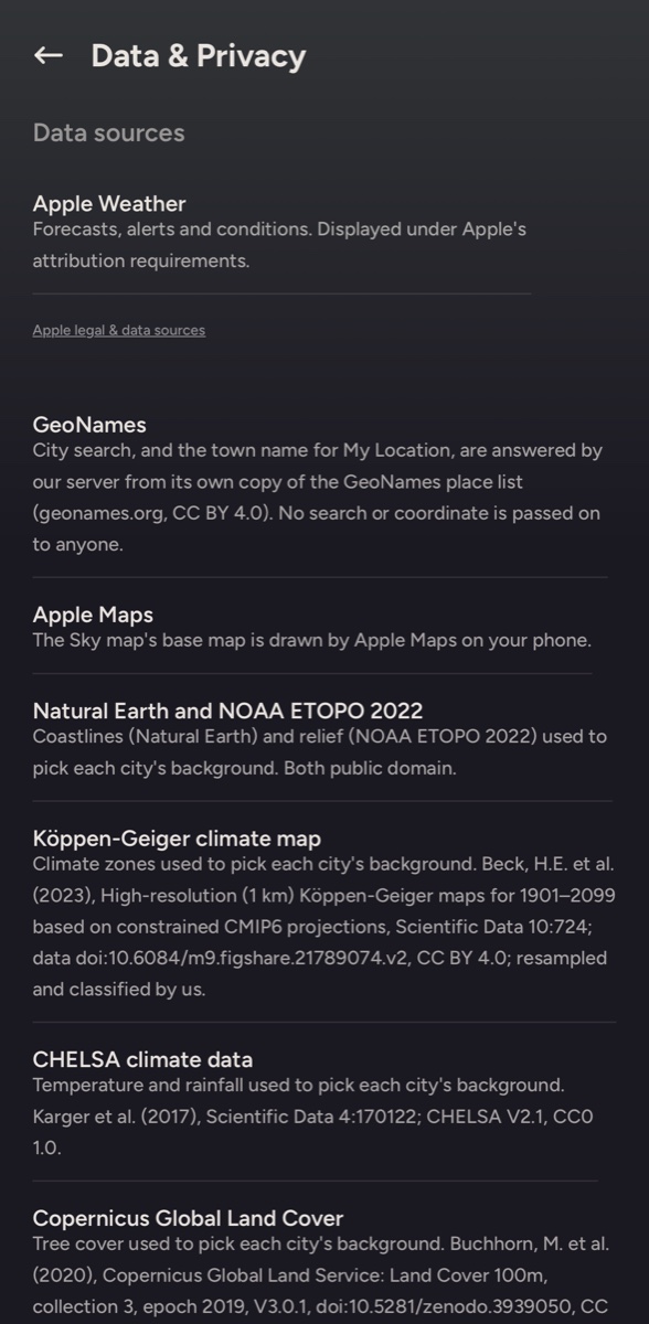 The Data & Privacy page in Skyhue listing its data sources, starting with Apple Weather and GeoNames