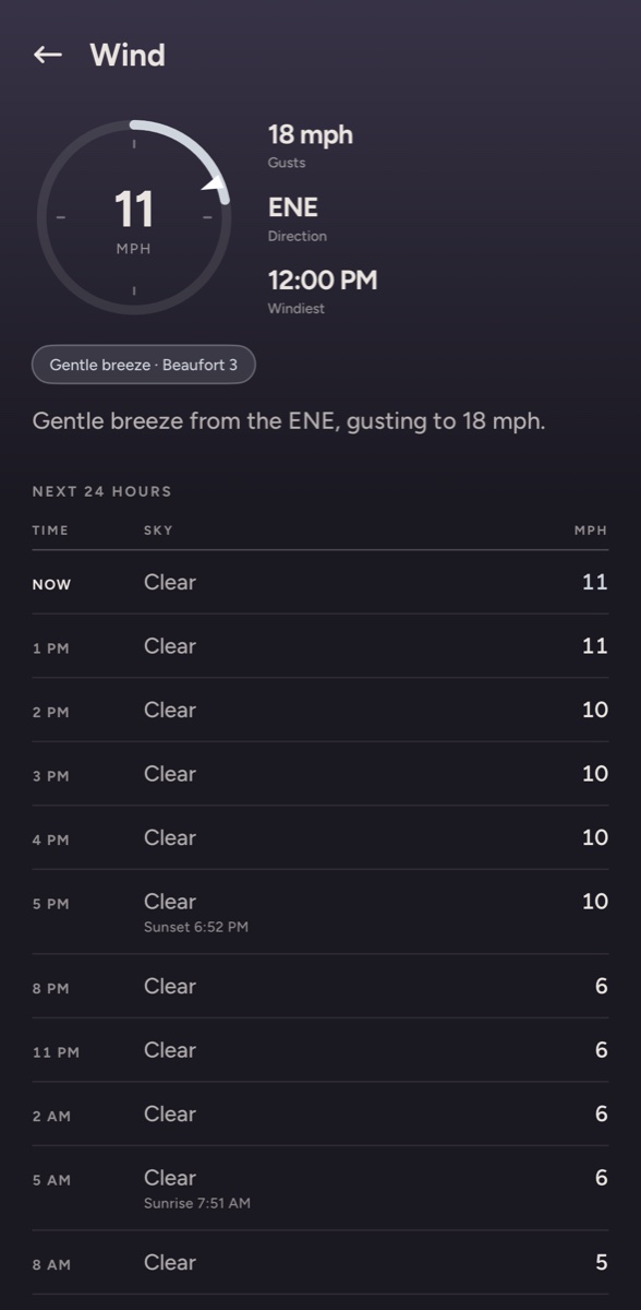 The Wind page for Atlanta: a drawn dial reading 11 mph, gusts 18, from the east-northeast, then the next 24 hours as a ruled board
